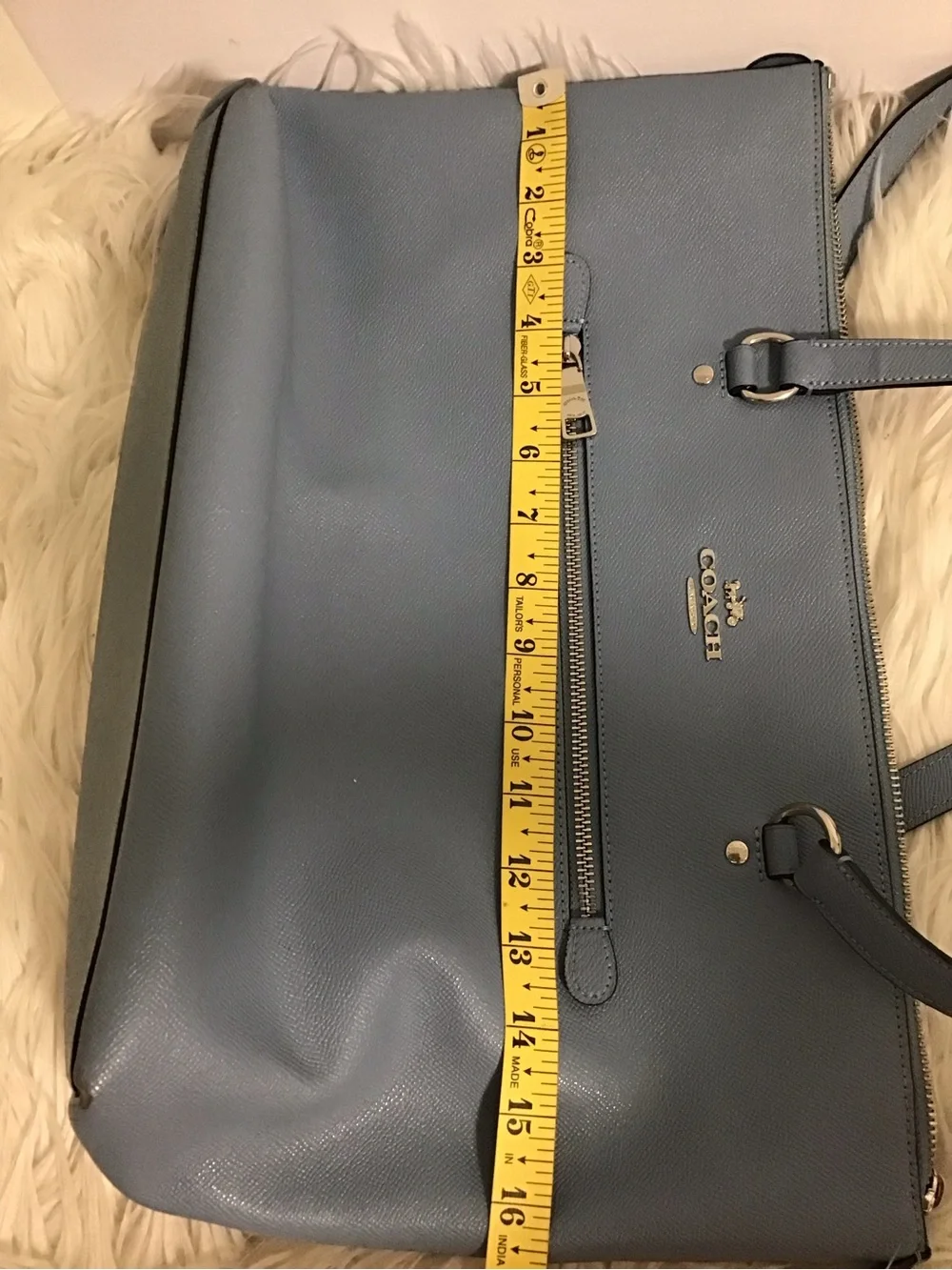 Coach Slate Blue Leather Zip-Top Tote can fit laptop 13”